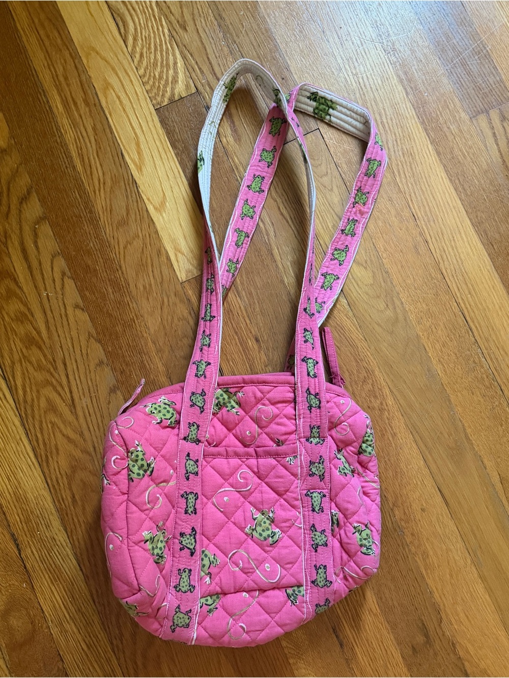POMEGRANATE pink quilted crossbody bag with frog pattern